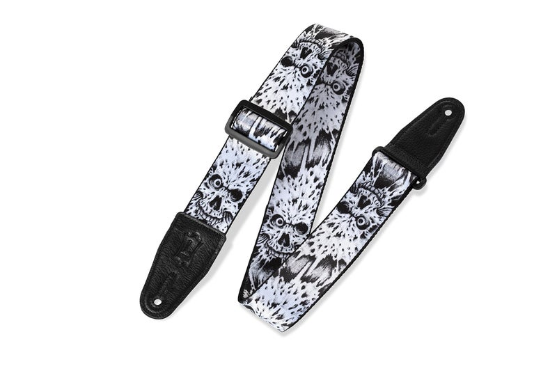 Levy's Leathers 2" Polyester Guitar Strap with Printed Design, Garment Leather Ends and Tri-glide Adjustment; Black and White Skulls (MP-16) - Image 1
